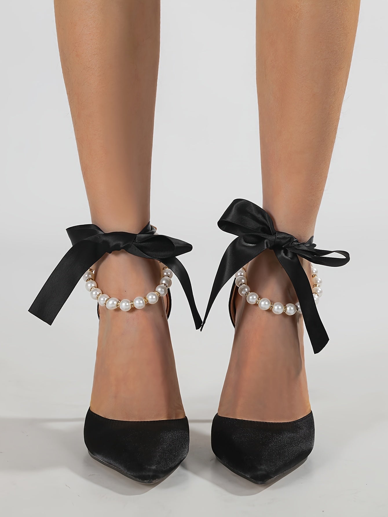 VougeVamp Elegant Satin Pointed-Toe High Heels with Faux Pearl & Bowknot – White Stiletto Wedding & Evening Shoes