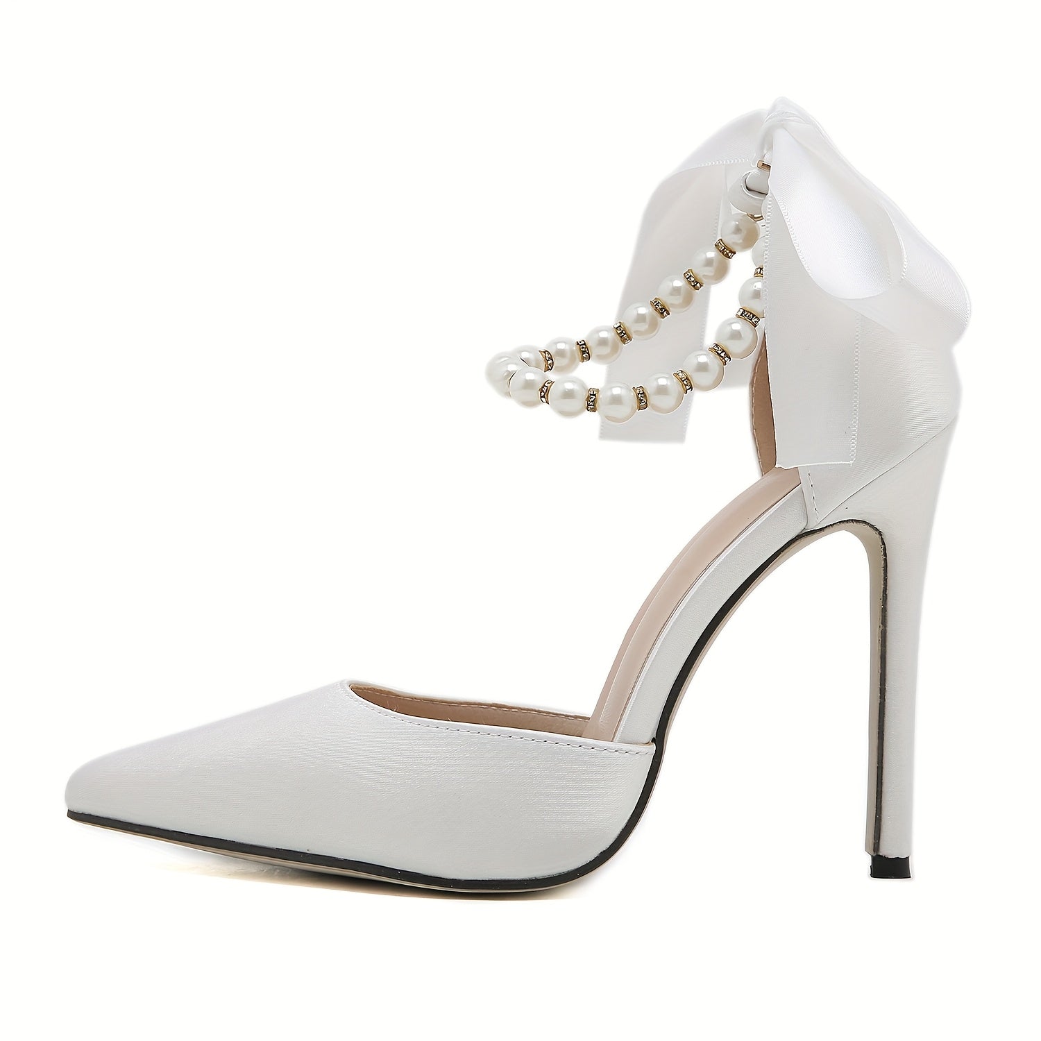 VougeVamp Elegant Satin Pointed-Toe High Heels with Faux Pearl & Bowknot – White Stiletto Wedding & Evening Shoes