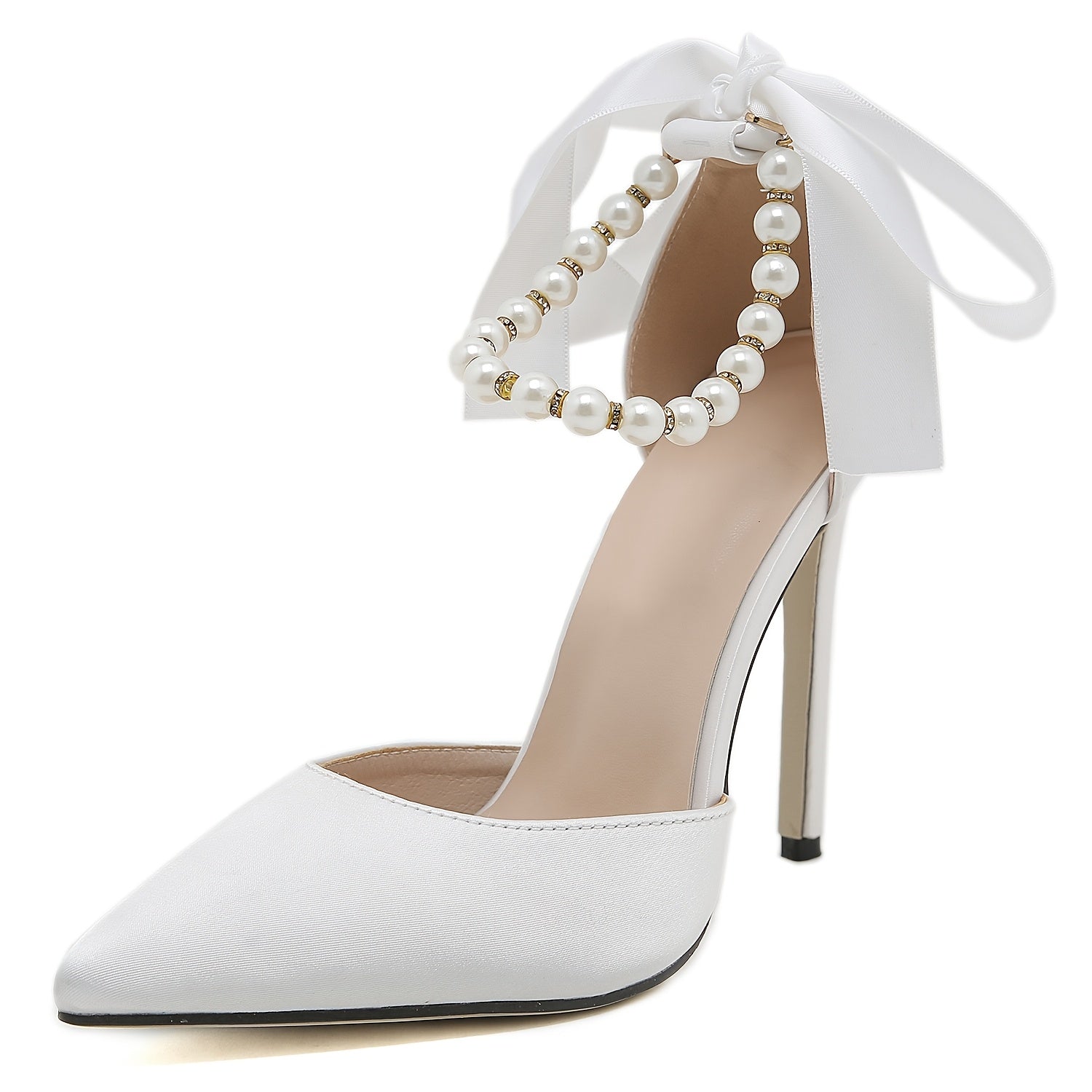 VougeVamp Elegant Satin Pointed-Toe High Heels with Faux Pearl & Bowknot – White Stiletto Wedding & Evening Shoes