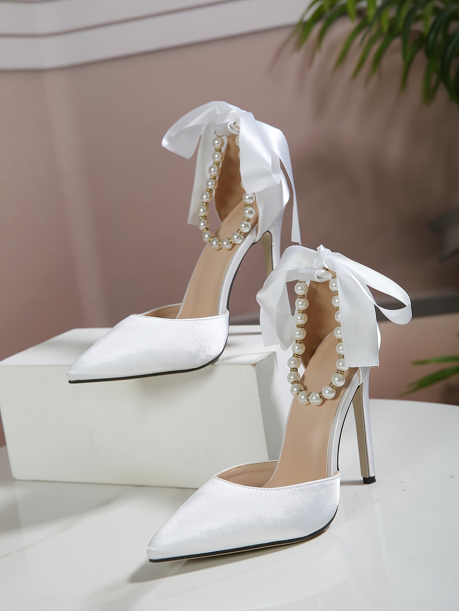 VougeVamp Elegant Satin Pointed-Toe High Heels with Faux Pearl & Bowknot – White Stiletto Wedding & Evening Shoes
