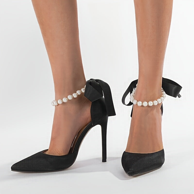 VougeVamp Elegant Satin Pointed-Toe High Heels with Faux Pearl & Bowknot – White Stiletto Wedding & Evening Shoes