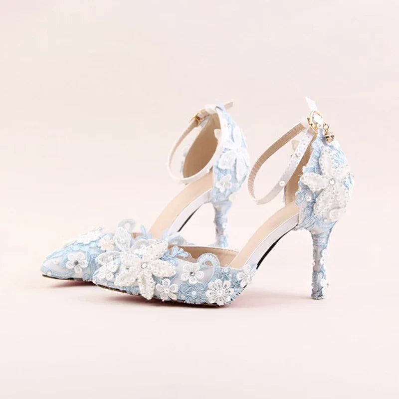 VougeVamp Blue Lace Flower Wedding Sandals for Women - Elegant Pointed Toe Stiletto High Heel Ankle Strap Pearl Rhinestone Pumps