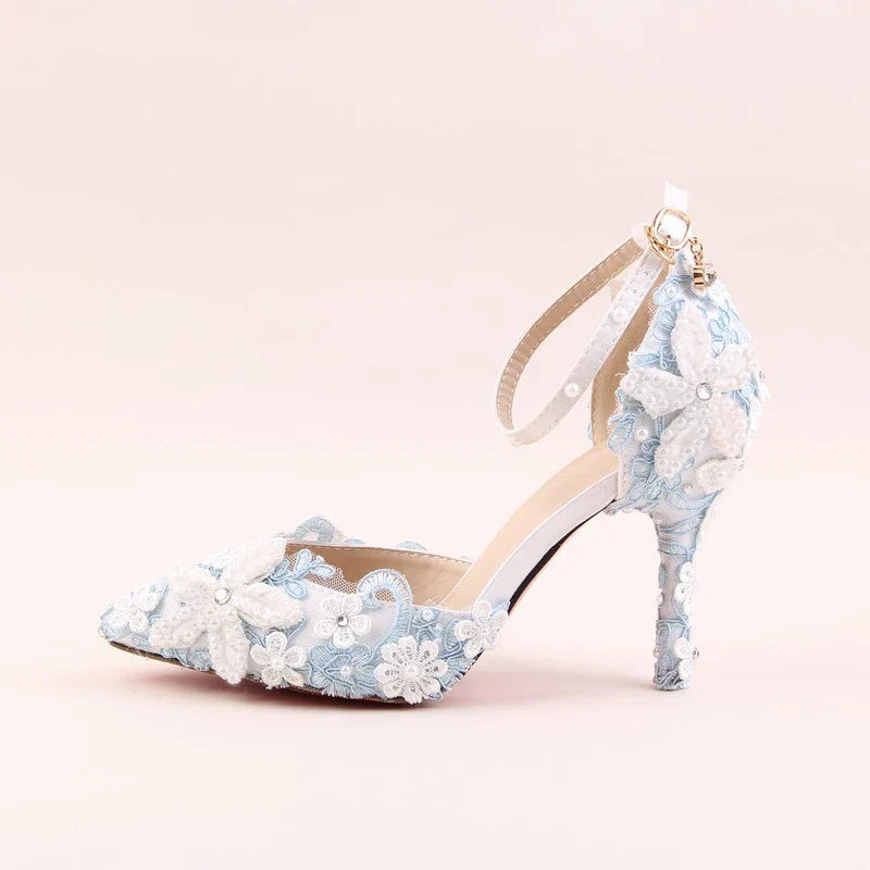 VougeVamp Blue Lace Flower Wedding Sandals for Women - Elegant Pointed Toe Stiletto High Heel Ankle Strap Pearl Rhinestone Pumps