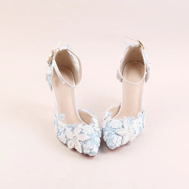 VougeVamp Blue Lace Flower Wedding Sandals for Women - Elegant Pointed Toe Stiletto High Heel Ankle Strap Pearl Rhinestone Pumps