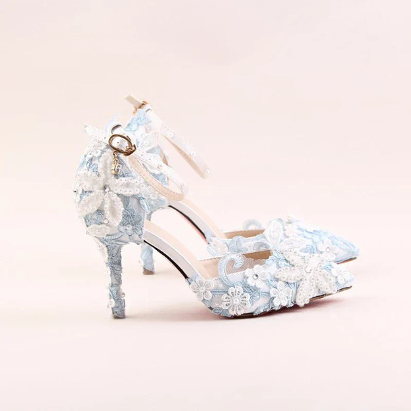 VougeVamp Blue Lace Flower Wedding Sandals for Women - Elegant Pointed Toe Stiletto High Heel Ankle Strap Pearl Rhinestone Pumps