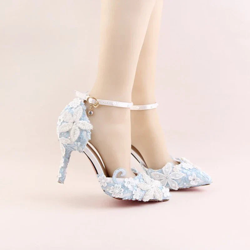 VougeVamp Blue Lace Flower Wedding Sandals for Women - Elegant Pointed Toe Stiletto High Heel Ankle Strap Pearl Rhinestone Pumps