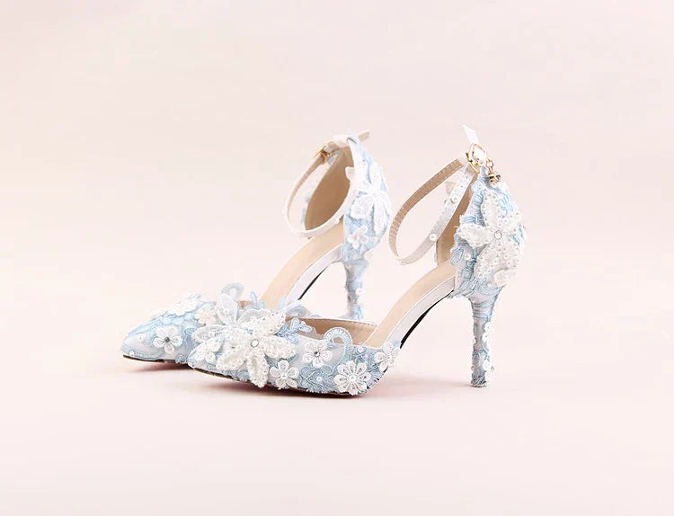 VougeVamp Blue Lace Flower Wedding Sandals for Women - Elegant Pointed Toe Stiletto High Heel Ankle Strap Pearl Rhinestone Pumps