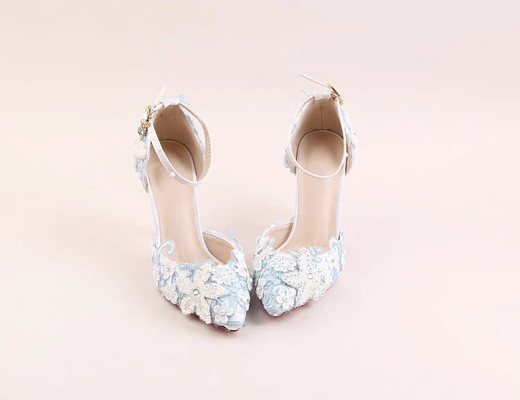 VougeVamp Blue Lace Flower Wedding Sandals for Women - Elegant Pointed Toe Stiletto High Heel Ankle Strap Pearl Rhinestone Pumps