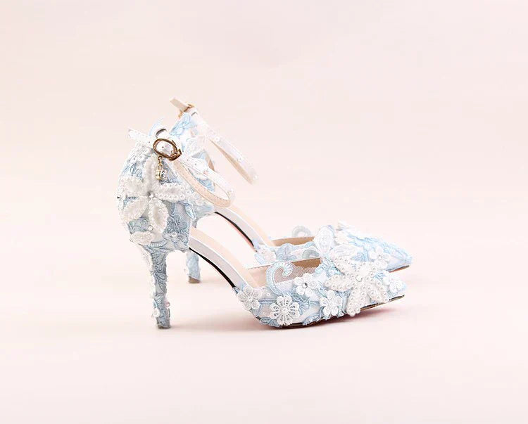 VougeVamp Blue Lace Flower Wedding Sandals for Women - Elegant Pointed Toe Stiletto High Heel Ankle Strap Pearl Rhinestone Pumps