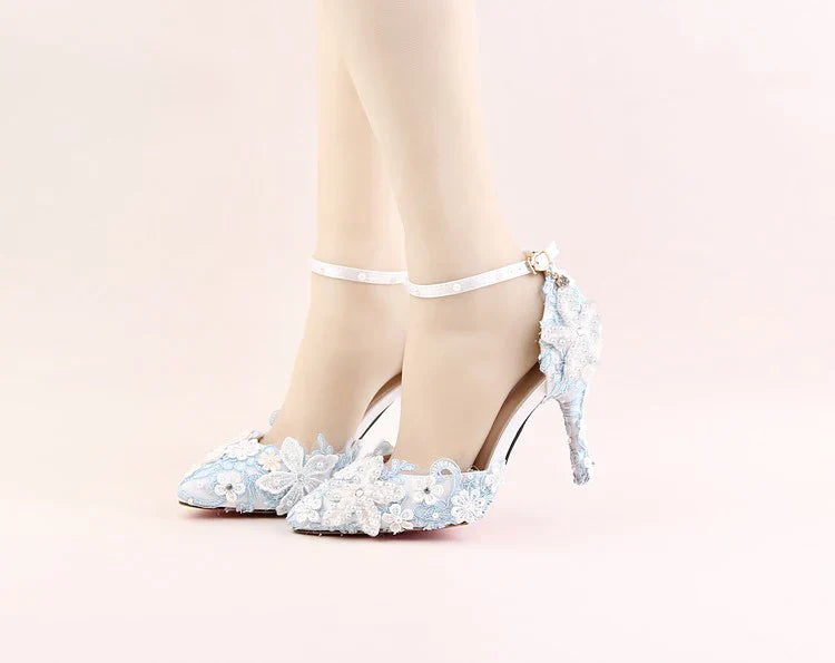 VougeVamp Blue Lace Flower Wedding Sandals for Women - Elegant Pointed Toe Stiletto High Heel Ankle Strap Pearl Rhinestone Pumps