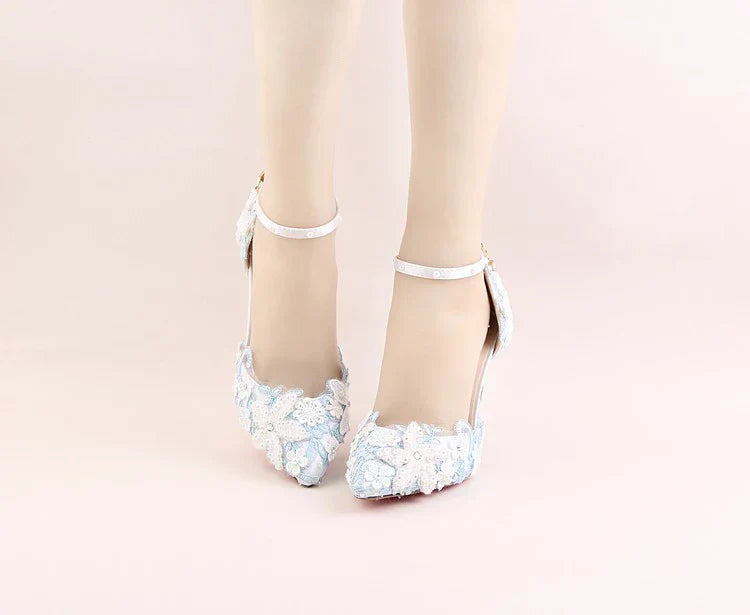 VougeVamp Blue Lace Flower Wedding Sandals for Women - Elegant Pointed Toe Stiletto High Heel Ankle Strap Pearl Rhinestone Pumps