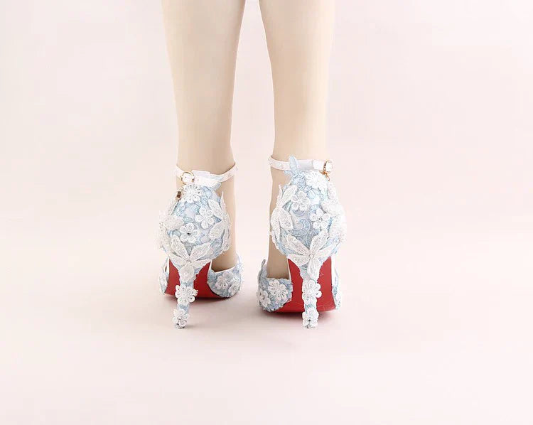 VougeVamp Blue Lace Flower Wedding Sandals for Women - Elegant Pointed Toe Stiletto High Heel Ankle Strap Pearl Rhinestone Pumps
