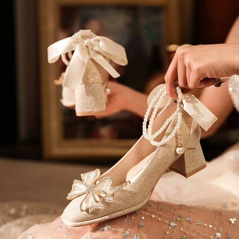 VougeVamp Elegant Flower High Heel Pumps for Women - Pearl Strap Square Toe Wedding and Party Fashion Shoes