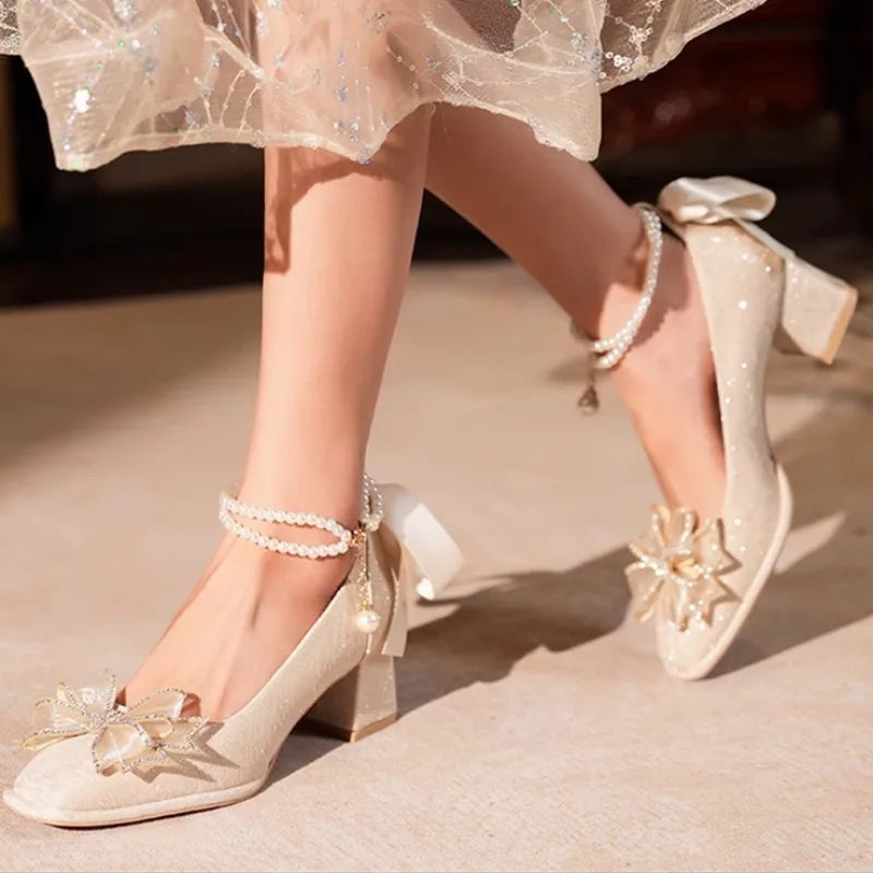 VougeVamp Elegant Flower High Heel Pumps for Women - Pearl Strap Square Toe Wedding and Party Fashion Shoes