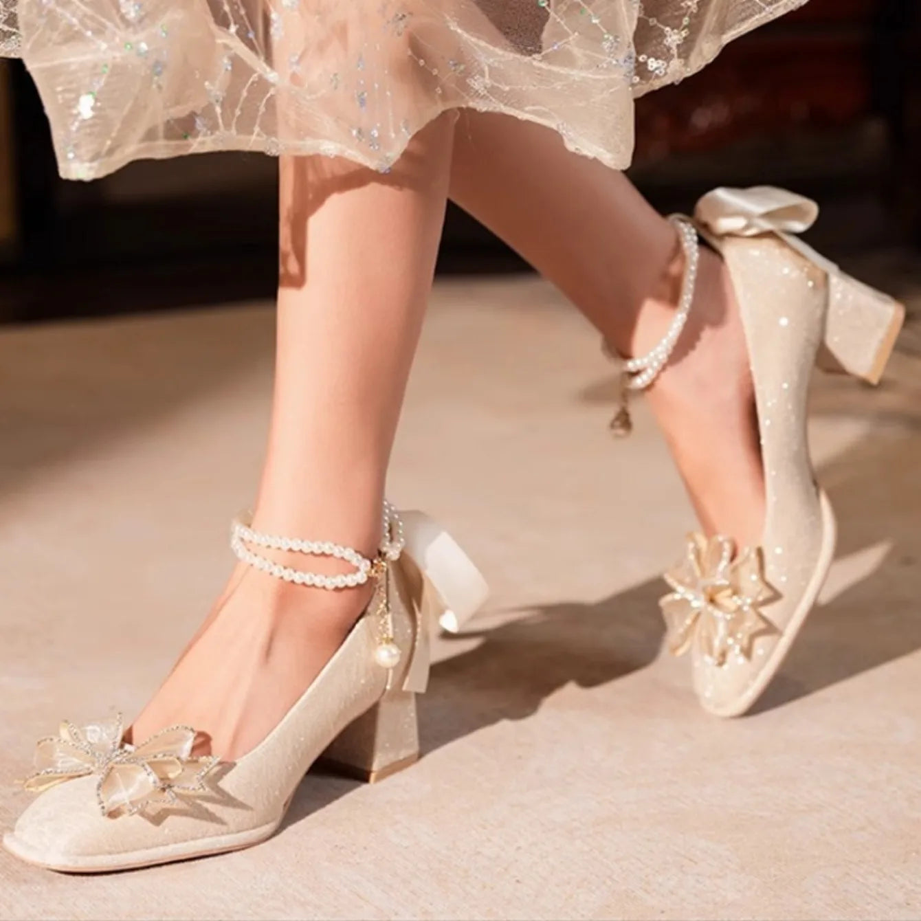 VougeVamp Elegant Flower High Heel Pumps for Women - Pearl Strap Square Toe Wedding and Party Fashion Shoes