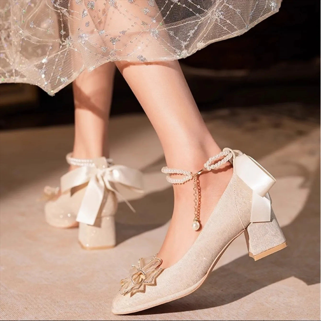 VougeVamp Elegant Flower High Heel Pumps for Women - Pearl Strap Square Toe Wedding and Party Fashion Shoes