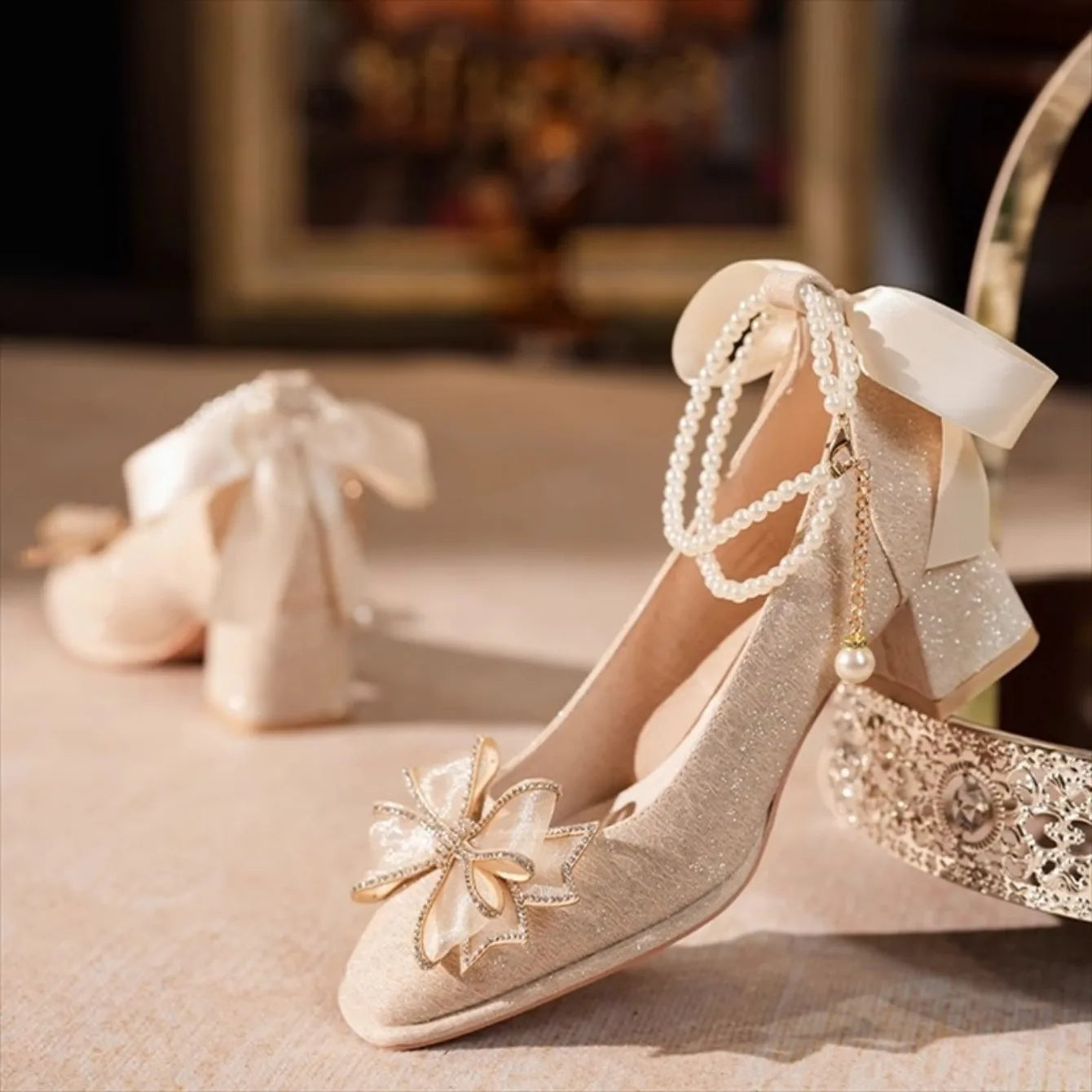 VougeVamp Elegant Flower High Heel Pumps for Women - Pearl Strap Square Toe Wedding and Party Fashion Shoes