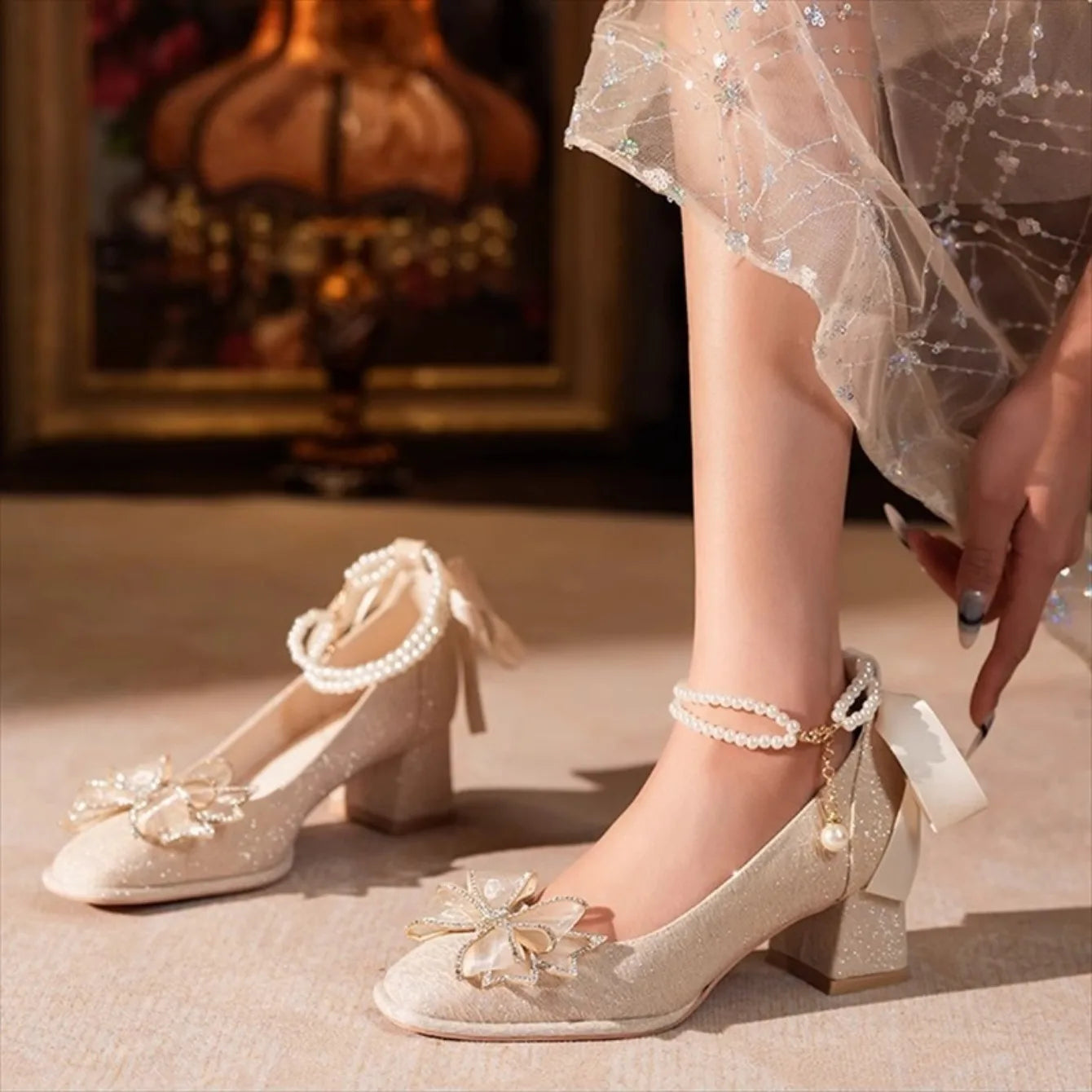 VougeVamp Elegant Flower High Heel Pumps for Women - Pearl Strap Square Toe Wedding and Party Fashion Shoes