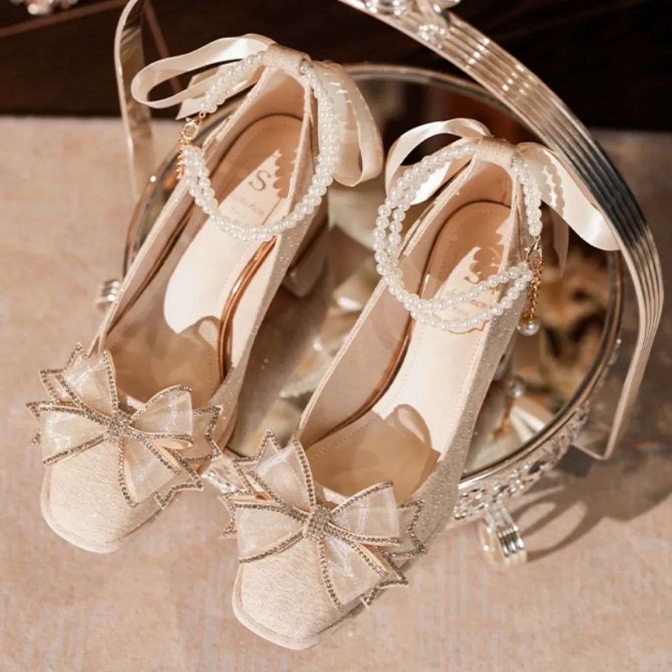 VougeVamp Elegant Flower High Heel Pumps for Women - Pearl Strap Square Toe Wedding and Party Fashion Shoes