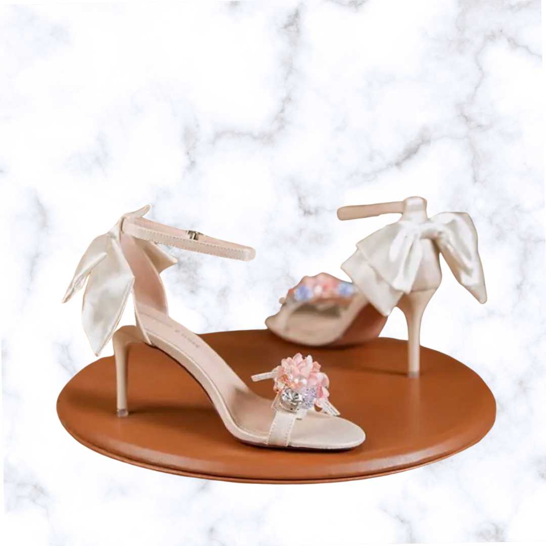 Handmade Bridal High Heel Sandals – Open Toe Satin Pumps with Floral Bow & Buckle for Wedding