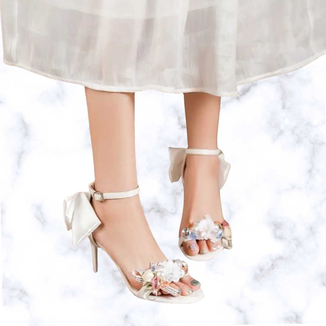 Handmade Bridal High Heel Sandals – Open Toe Satin Pumps with Floral Bow & Buckle for Wedding