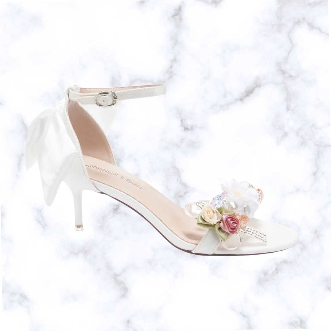 Handmade Bridal High Heel Sandals – Open Toe Satin Pumps with Floral Bow & Buckle for Wedding