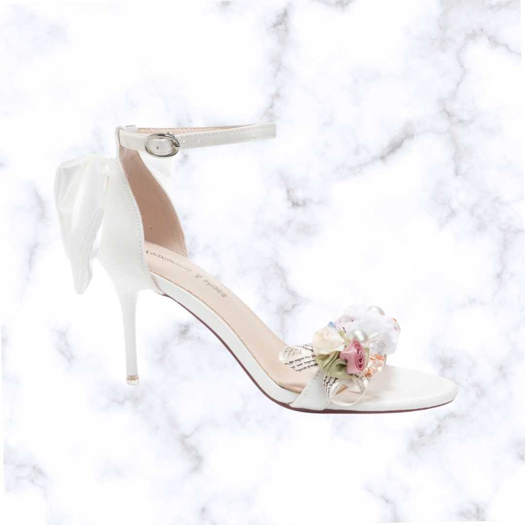 Handmade Bridal High Heel Sandals – Open Toe Satin Pumps with Floral Bow & Buckle for Wedding