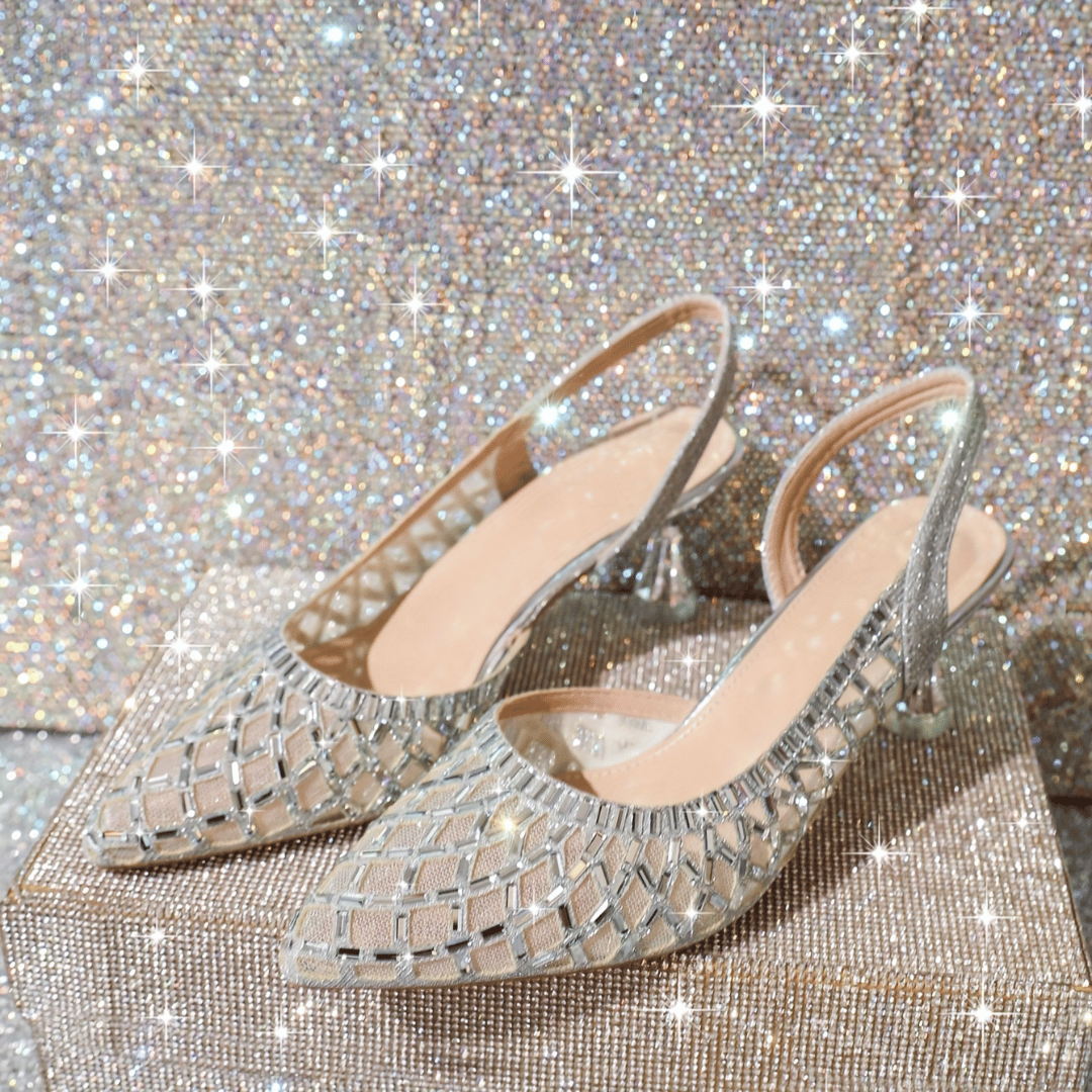 Designer Glitter Bridal High Heels - Cut-Out Design, Rhinestone Pumps, Slingback Heels, Wedding Shoes