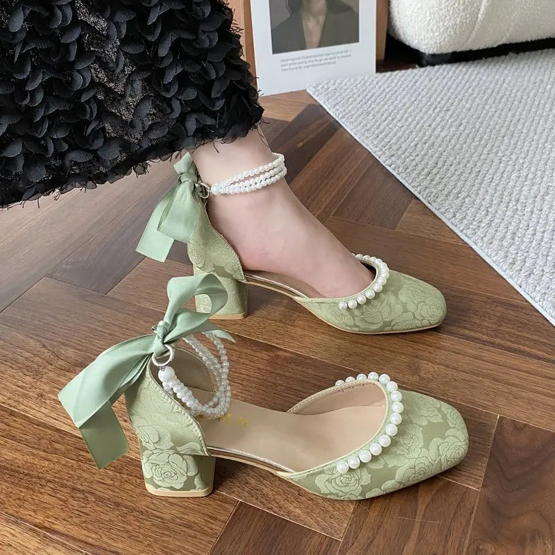 VougeVamp Retro Pearl Bow Square Toe Mary Jane Shoes for Women - Thick Heel Chinese Style Qipao Slingback Pumps