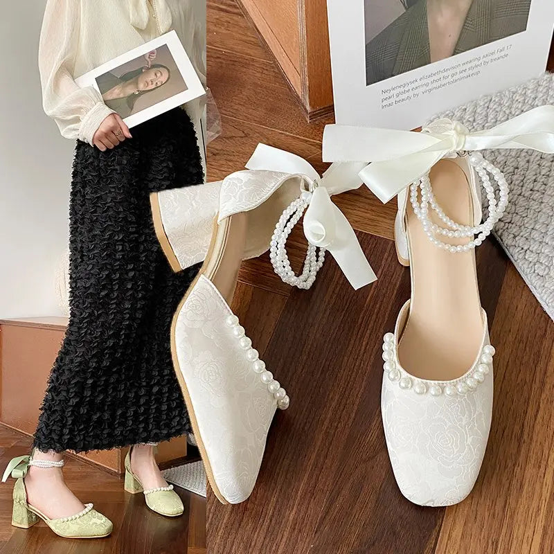 VougeVamp Retro Pearl Bow Square Toe Mary Jane Shoes for Women - Thick Heel Chinese Style Qipao Slingback Pumps
