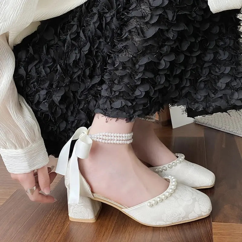 VougeVamp Retro Pearl Bow Square Toe Mary Jane Shoes for Women - Thick Heel Chinese Style Qipao Slingback Pumps