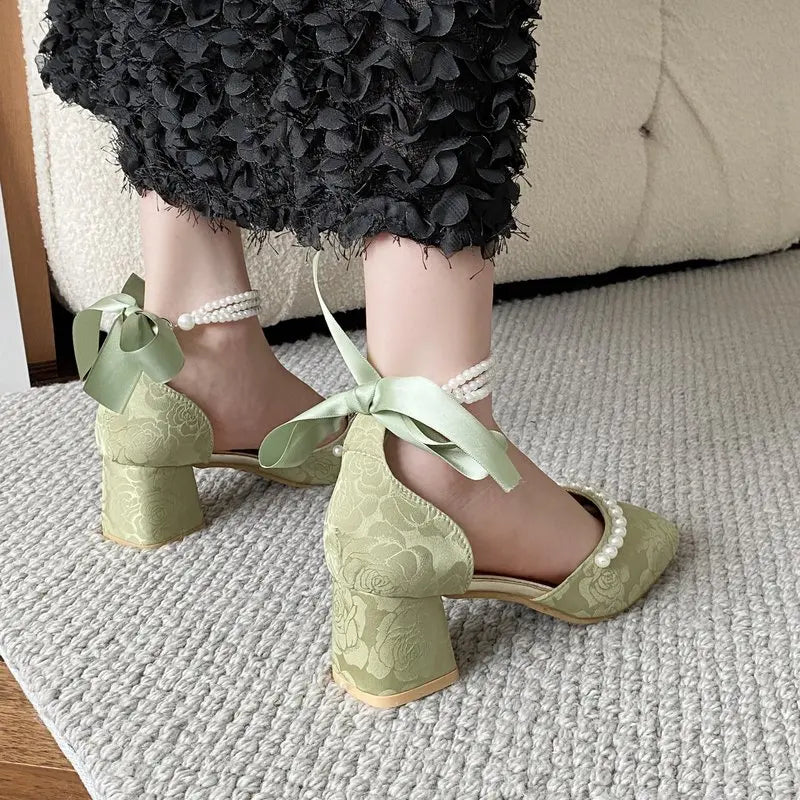 VougeVamp Retro Pearl Bow Square Toe Mary Jane Shoes for Women - Thick Heel Chinese Style Qipao Slingback Pumps