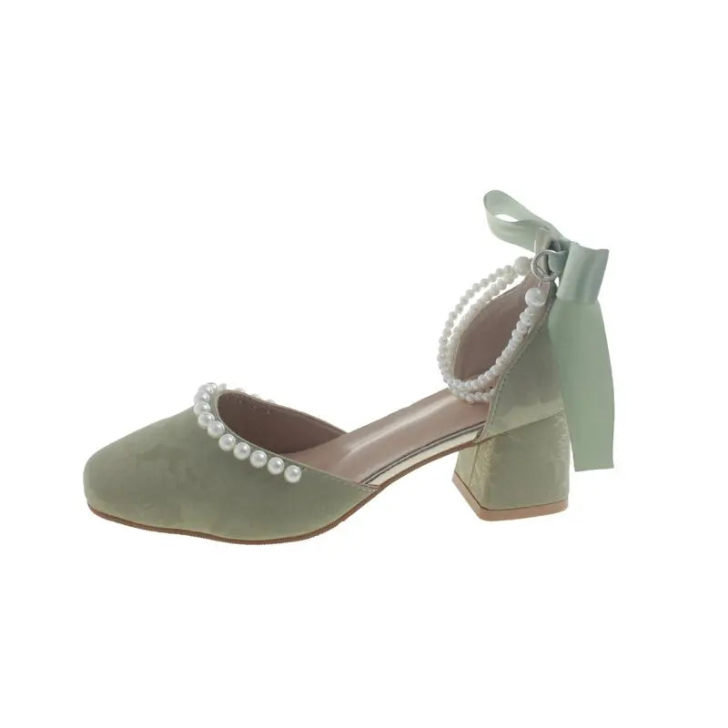 VougeVamp Retro Pearl Bow Square Toe Mary Jane Shoes for Women - Thick Heel Chinese Style Qipao Slingback Pumps