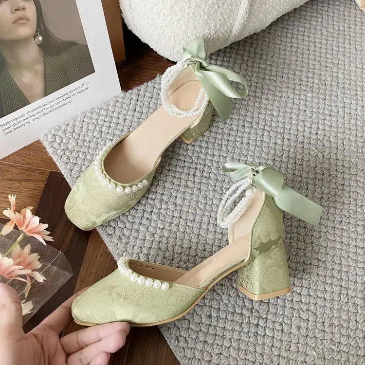 VougeVamp Retro Pearl Bow Square Toe Mary Jane Shoes for Women - Thick Heel Chinese Style Qipao Slingback Pumps
