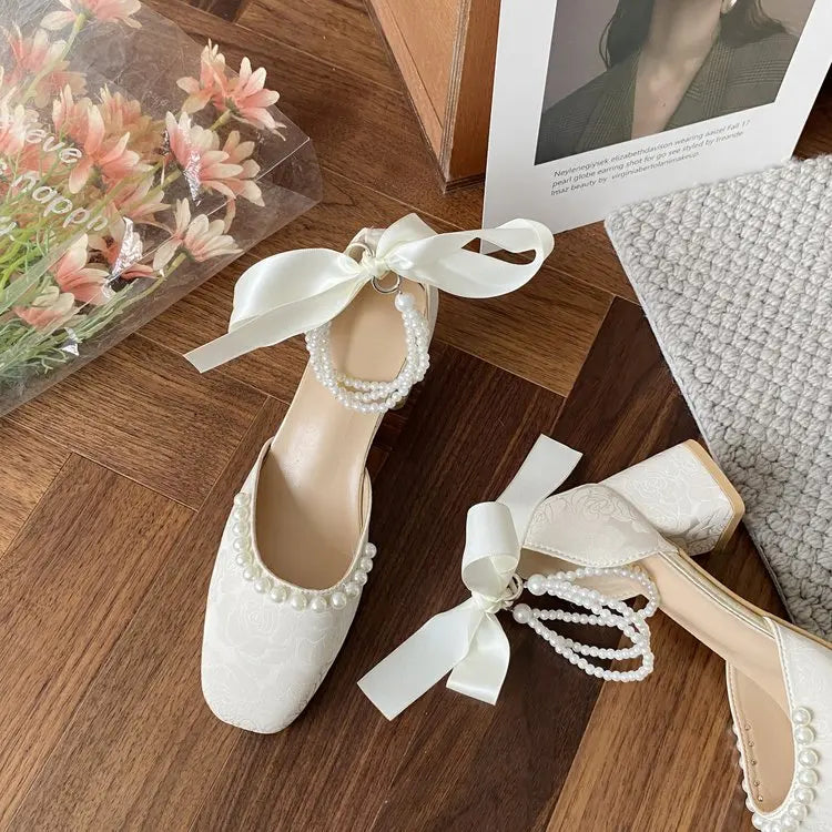 VougeVamp Retro Pearl Bow Square Toe Mary Jane Shoes for Women - Thick Heel Chinese Style Qipao Slingback Pumps