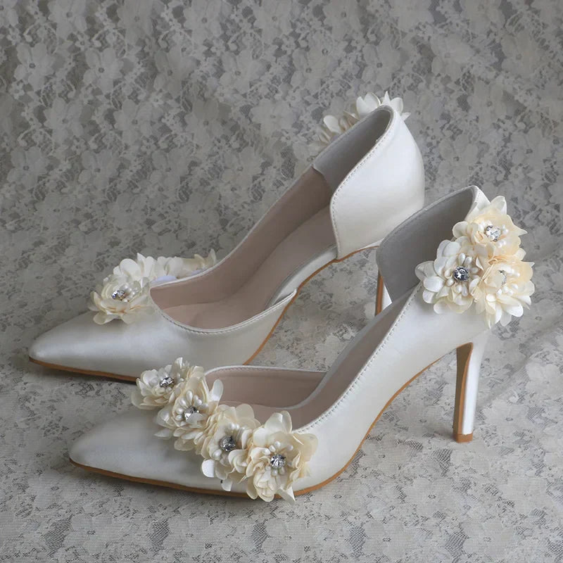 VougeVamp Ivory Flower Bridal Shoes for Women - Elegant Pointed Toe 9cm Thin Heel Wedding Pumps