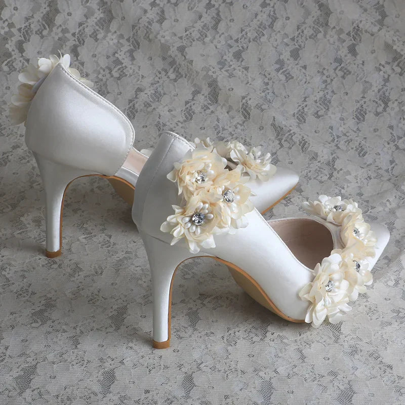 VougeVamp Ivory Flower Bridal Shoes for Women - Elegant Pointed Toe 9cm Thin Heel Wedding Pumps
