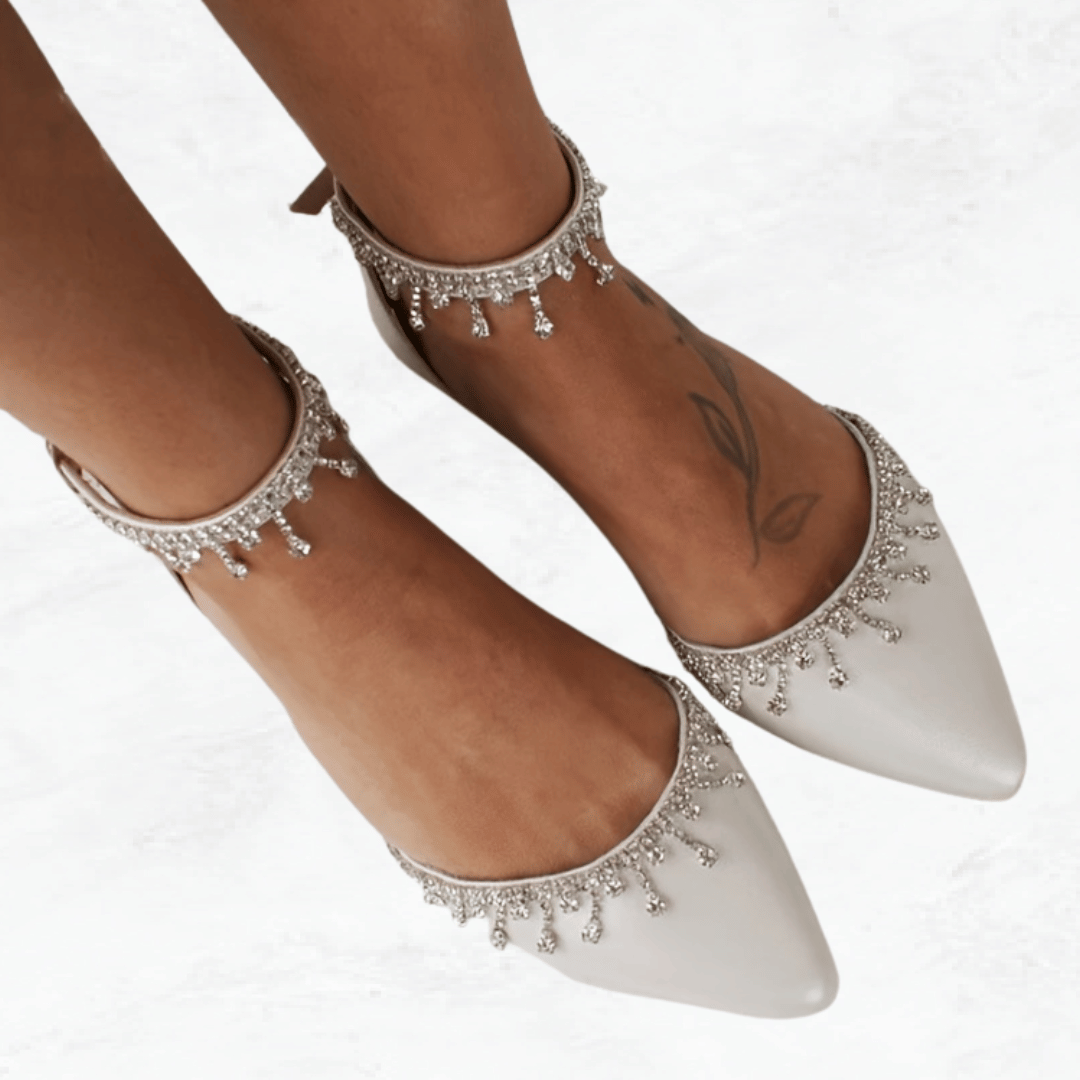 Rhinestone D'Orsay Flats - Pointed Toe Ankle Strap Shoes, Wedding Shoes, Evening Shoes, Women's Flats