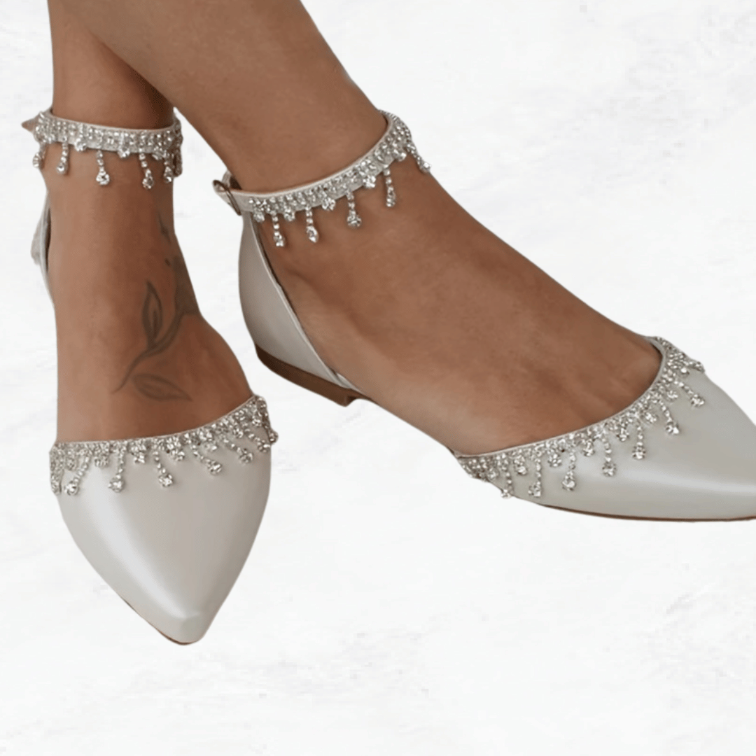 Rhinestone D'Orsay Flats - Pointed Toe Ankle Strap Shoes, Wedding Shoes, Evening Shoes, Women's Flats