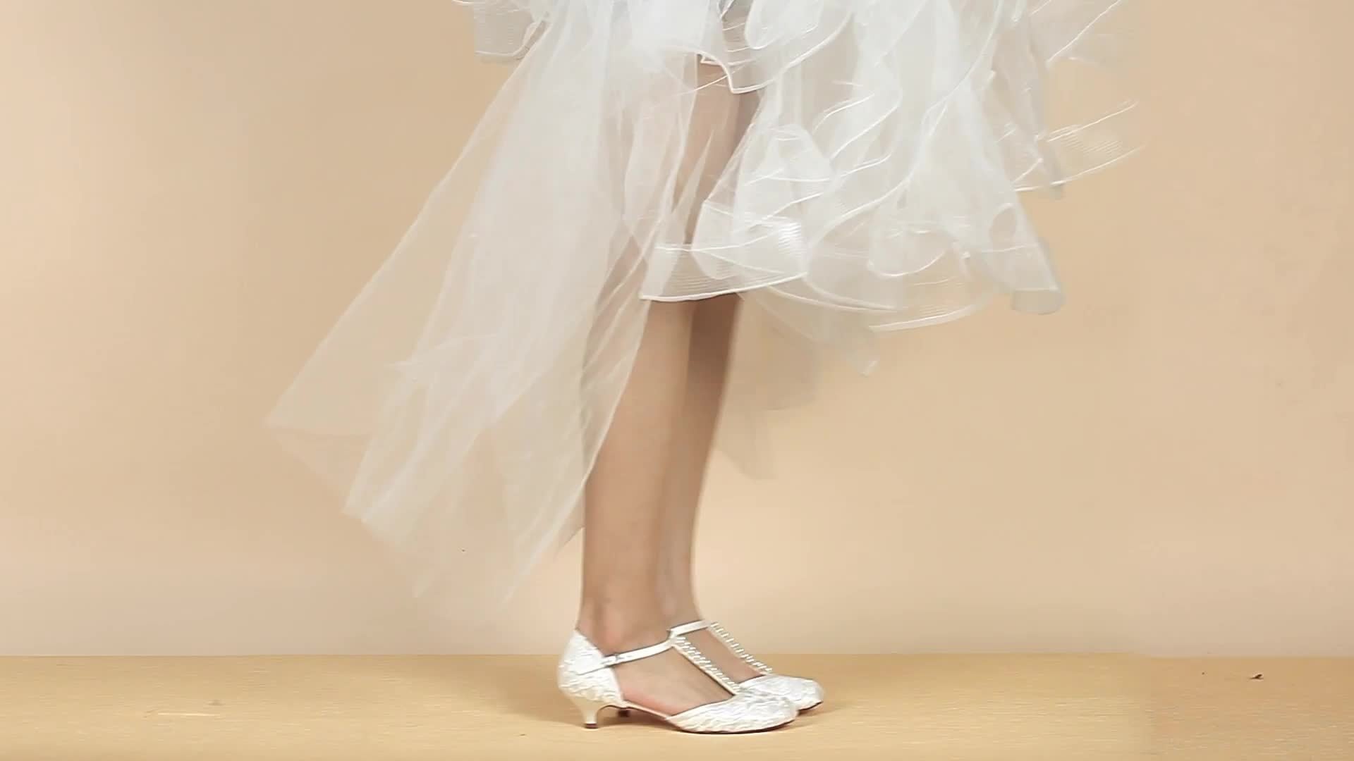 VougeVamp Elegant T-Strap Lace Satin Pumps – Closed-Toe Low Heel Bridal Wedding Shoes