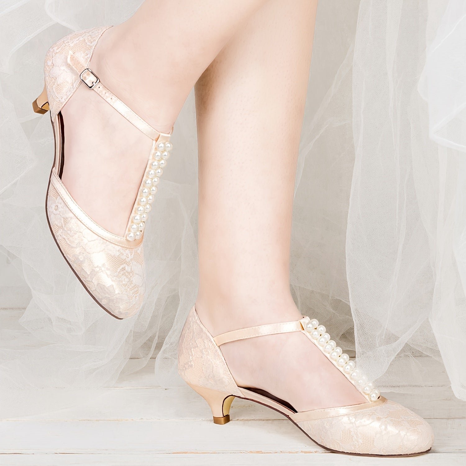 VougeVamp Elegant T-Strap Lace Satin Pumps – Closed-Toe Low Heel Bridal Wedding Shoes