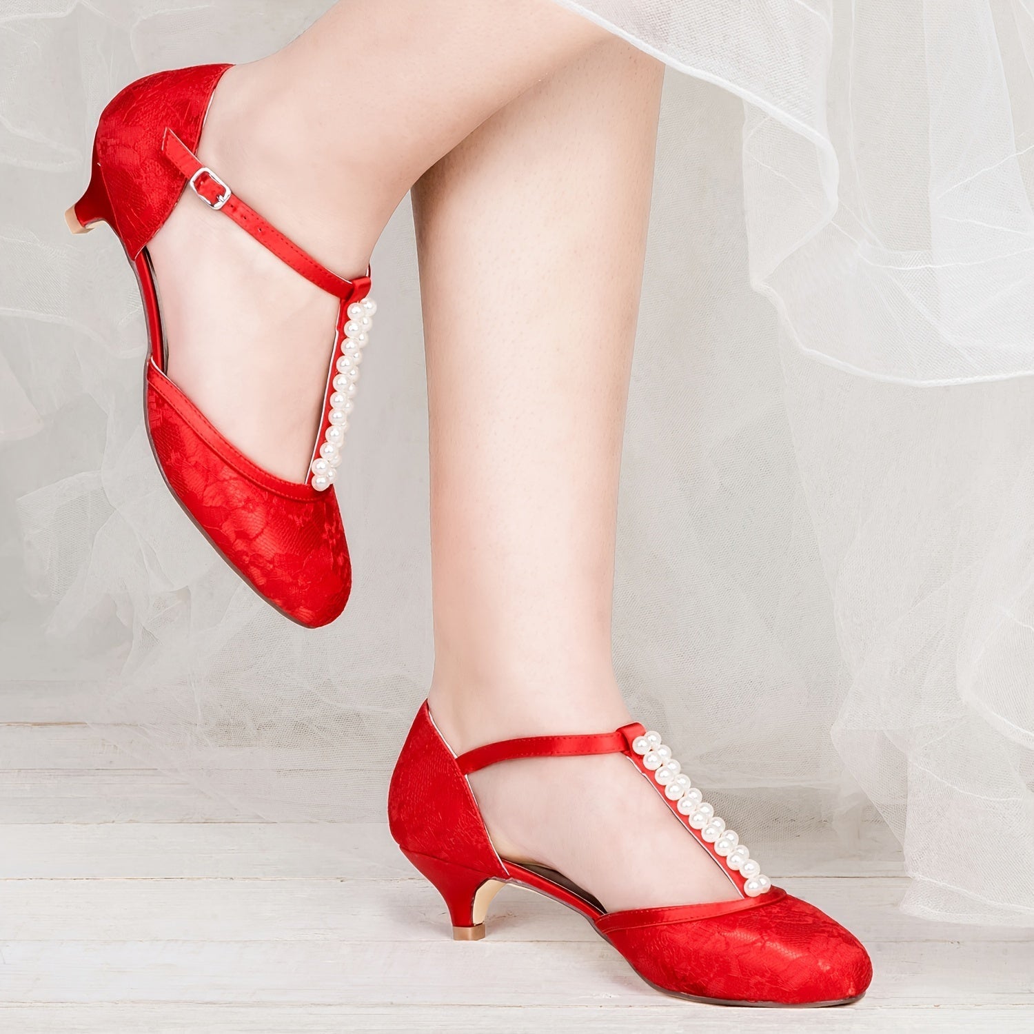 VougeVamp Elegant T-Strap Lace Satin Pumps – Closed-Toe Low Heel Bridal Wedding Shoes