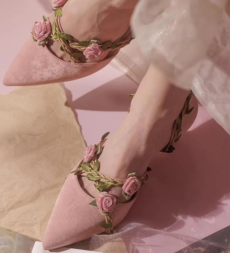 VougeVamp Women's Pink Velvet Low-Heel Shoes – Elegant Pointed Toe Cutout Pumps for Chic Looks