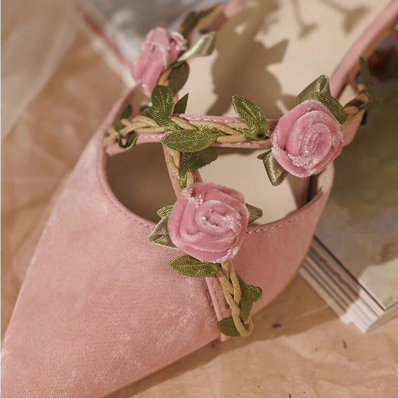 VougeVamp Women's Pink Velvet Low-Heel Shoes – Elegant Pointed Toe Cutout Pumps for Chic Looks