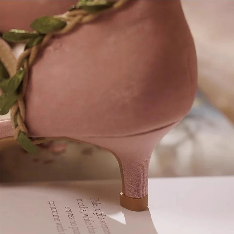 VougeVamp Women's Pink Velvet Low-Heel Shoes – Elegant Pointed Toe Cutout Pumps for Chic Looks