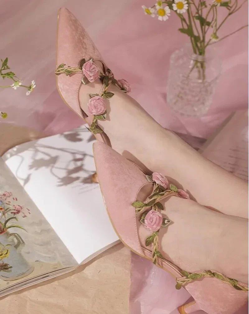 VougeVamp Women's Pink Velvet Low-Heel Shoes – Elegant Pointed Toe Cutout Pumps for Chic Looks