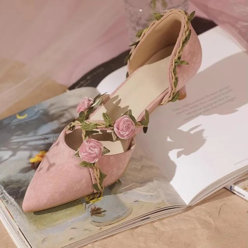 VougeVamp Women's Pink Velvet Low-Heel Shoes – Elegant Pointed Toe Cutout Pumps for Chic Looks