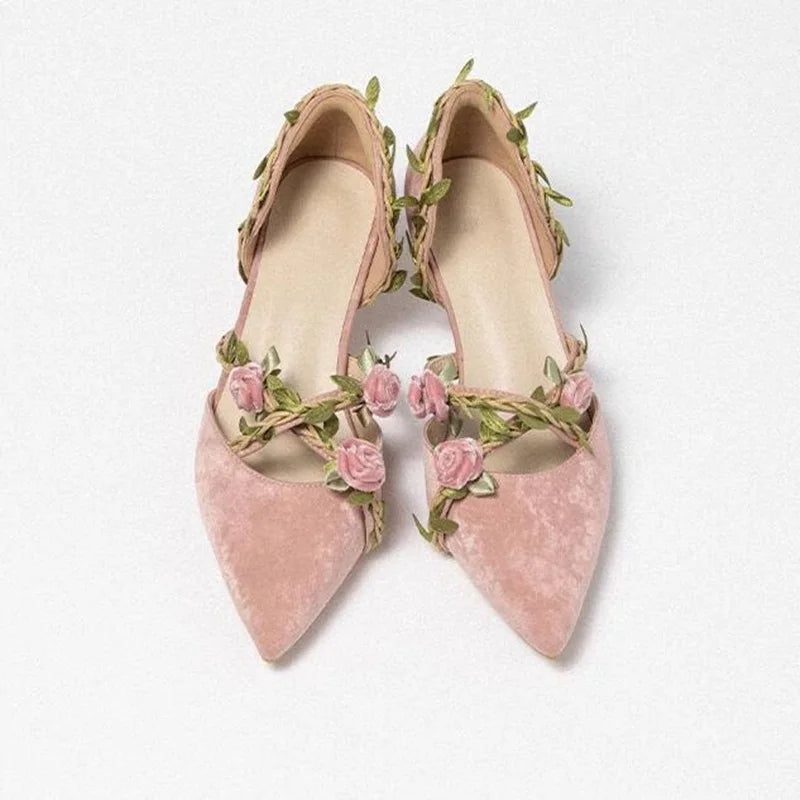 VougeVamp Women's Pink Velvet Low-Heel Shoes – Elegant Pointed Toe Cutout Pumps for Chic Looks