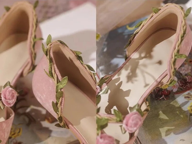 VougeVamp Women's Pink Velvet Low-Heel Shoes – Elegant Pointed Toe Cutout Pumps for Chic Looks