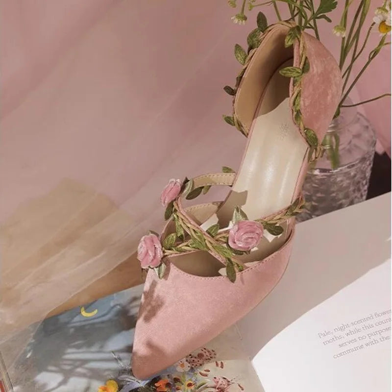 VougeVamp Women's Pink Velvet Low-Heel Shoes – Elegant Pointed Toe Cutout Pumps for Chic Looks